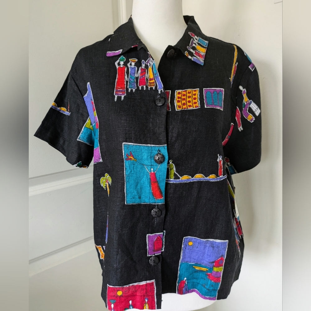Hot Cotton Marc Ware Top Small Petit Primitive Impressions Print Linen Short Sle